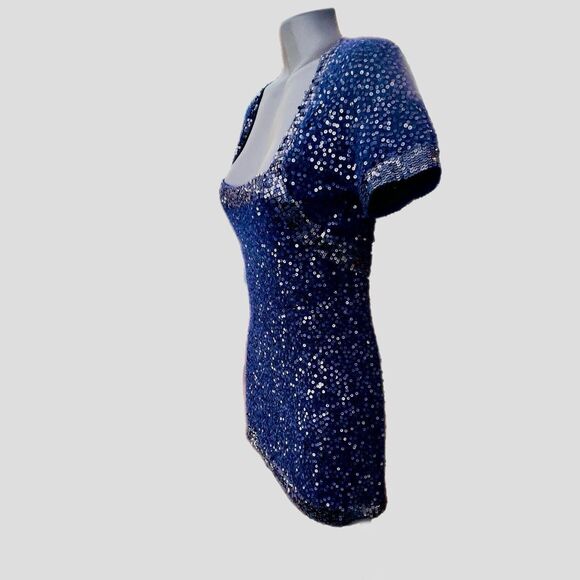 Donna Karen New York Sweater Dress Navy Sequins Square Neck Short Sleeve Small - Picture 4 of 10